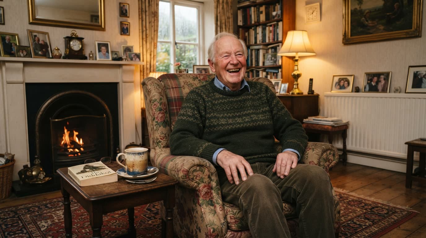 An older man laughing in his armchair by the fire, a mug of tea beside him
