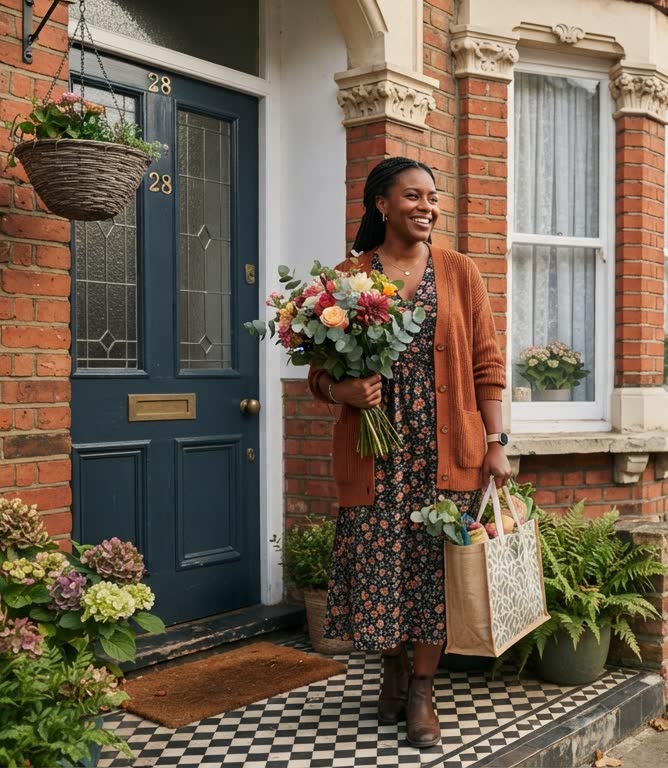 A Helper arriving at a front door with flowers and the shopping