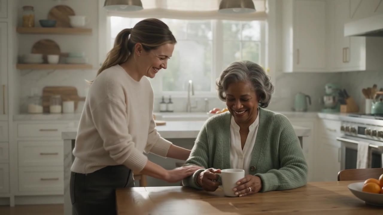 A Helper and an older lady talking over a cup of tea in her kitchen