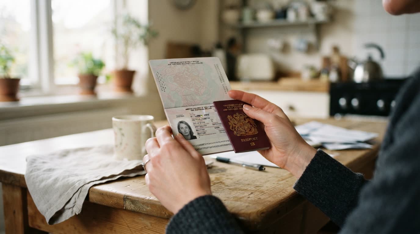Hands holding a British passport open at a kitchen table