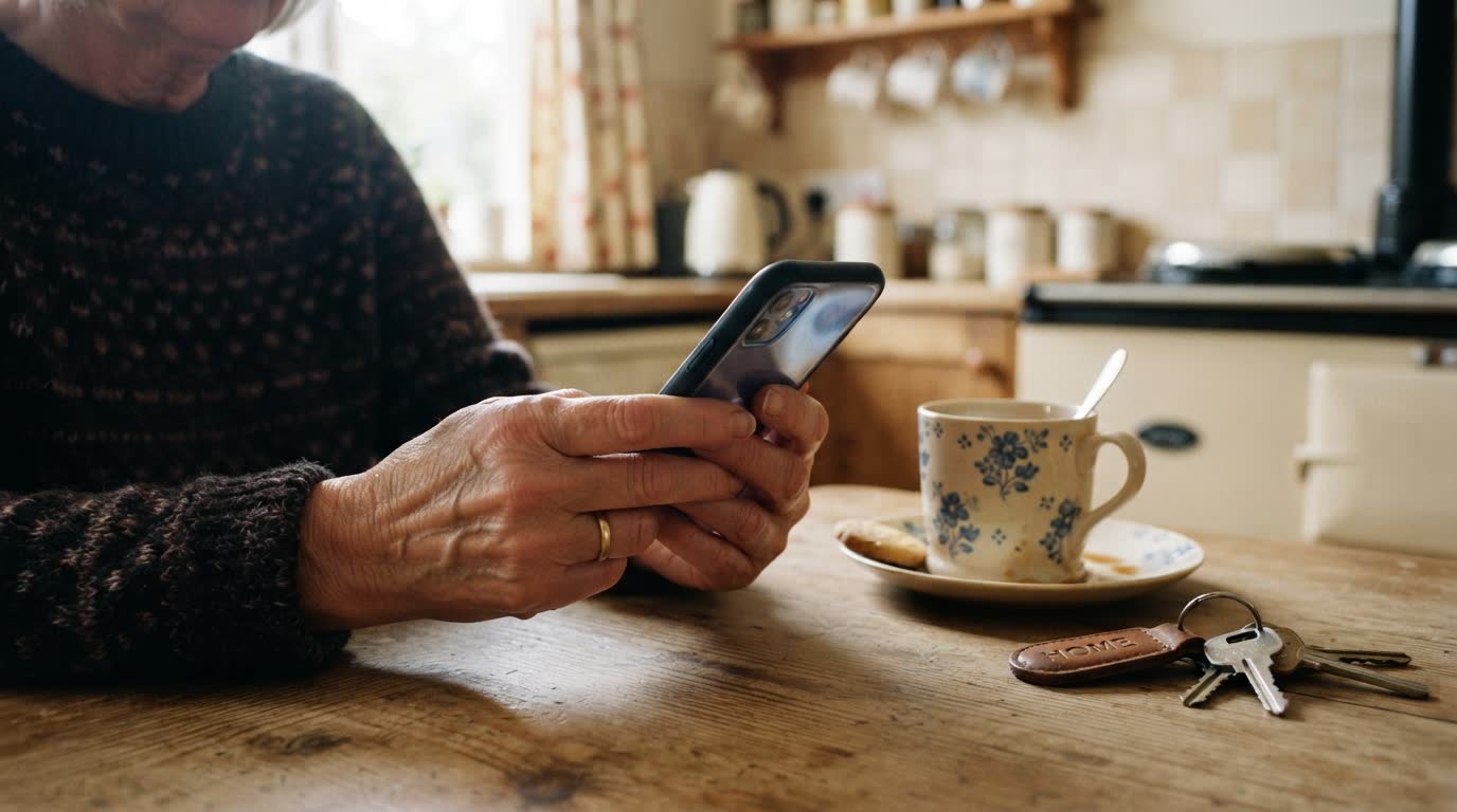 An older woman checking her phone at the kitchen table, tea and keys beside her