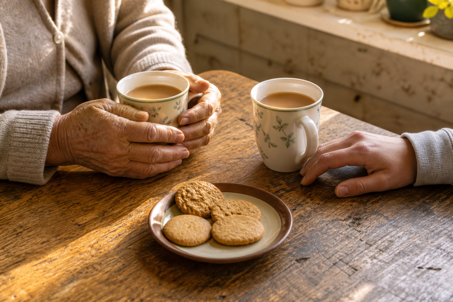 Two mugs of tea on a kitchen table in warm window light