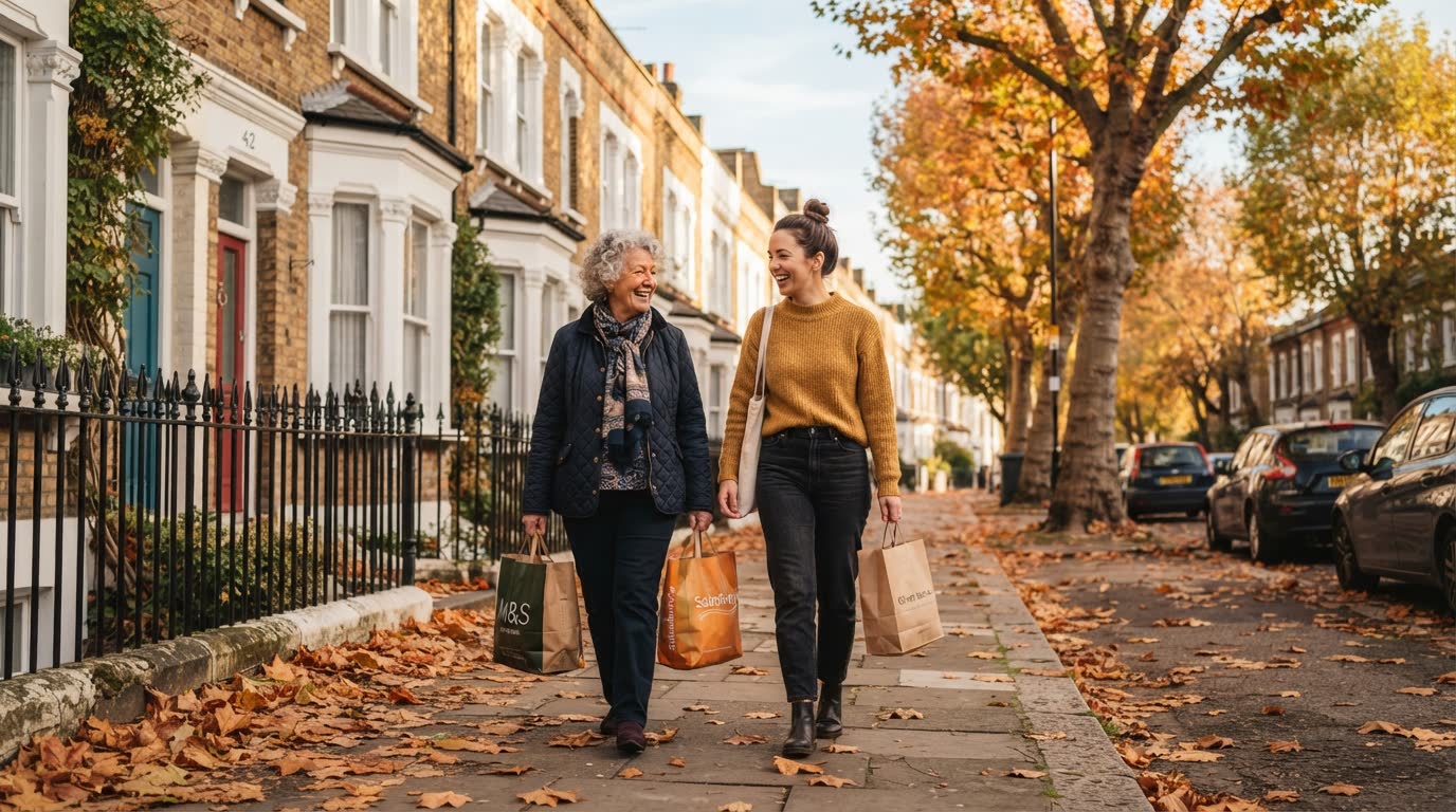 A Helper and an older woman walking home along a London street with the shopping