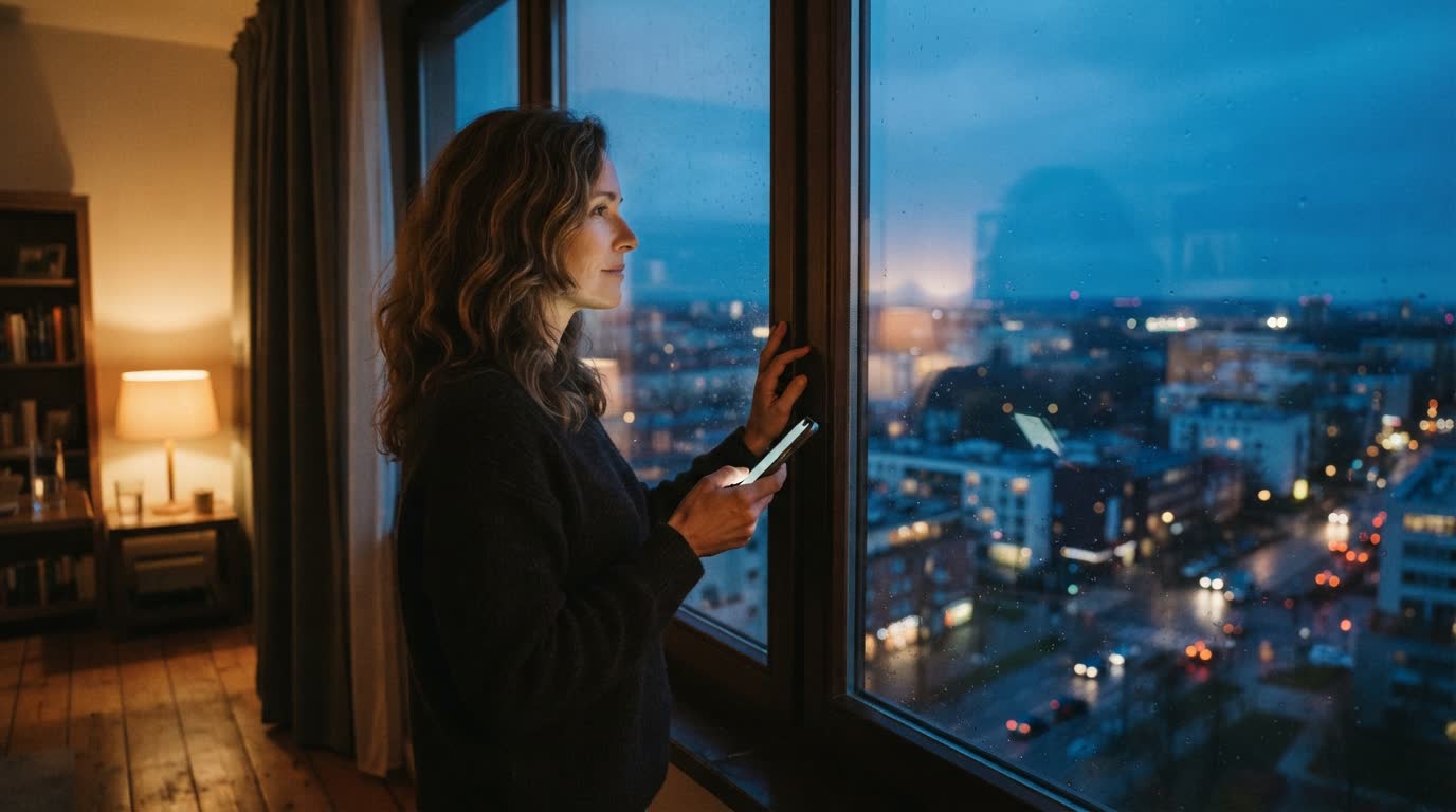 A woman at her window in the evening, reading the visit note on her phone